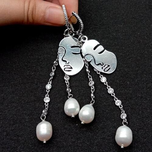 Y·YING White Rice Freshwater Pearl Minimalist Facial Dangle Chain hook Earrings Statement Handmade for women