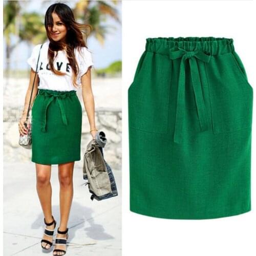 2021 New Spring Summer Elegant Midi Skirts Womens Office Pencil Skirt Cotton Elastic Waist Package Hip Skirt Bow Skirt Green