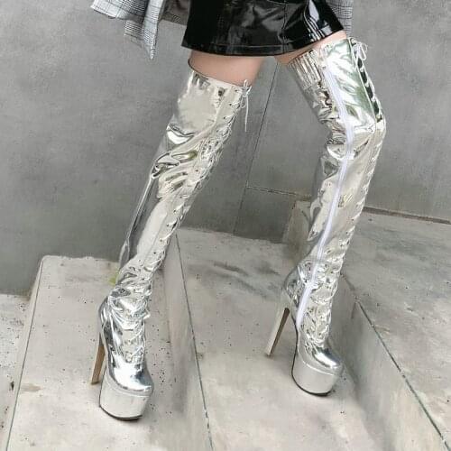2020 Women Patent Leather Over The Knee Boots Fashion Zipper Thigh Boots Ladies Platform Round Toe Winter Long Boots Silver