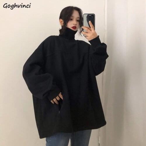 Sweatshirts Women No Hat Hoodies Turtleneck Solid Harajuku Streetwear Casual Pullovers Oversize Large Size 2XL Simple Stylish BF