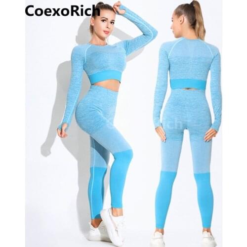 2021 Workout Set Women Gym Clothing Yoga Suit Seamless Long Sleeve Crop Yoga Top Scruch Butt Leggings for Fitness Sportswear