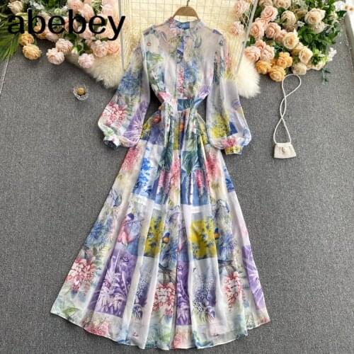 Design Fashion Print Maxi Dress Women Korean O Neck Puff Sleeve A-line Dresses Spring Bohemian Vacation Long Dress