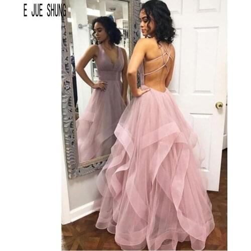 E JUE SHUNG Light Purple Wedding Dresses V Neck Criss Cross Back Organza Ruffles Bridal Gowns Sleeveless Robe De Mariee