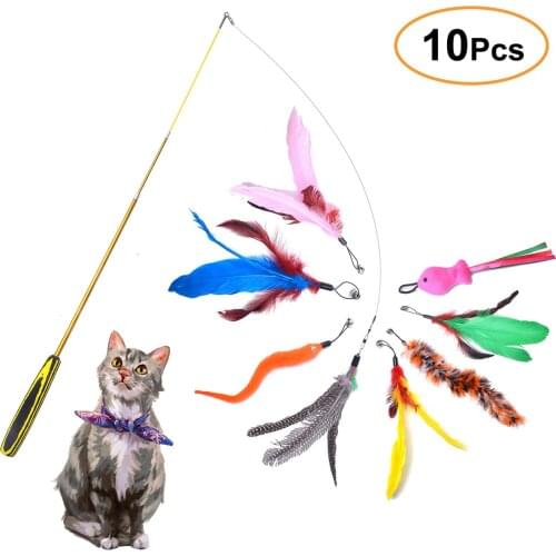 10pcs/Lot Cat Interactive Feather Teaser Toy Retractable Teaser Wand With 8 Refills And 1 Spare Hook
