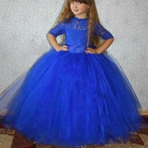 2021 Royal Blue Half Lace Sleeves Girls Pageant Dresses Stain Flower Girls Dresses for Girls aged 2-14 Years