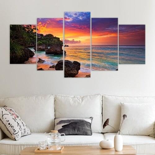 5 Pictures High Definition Printing Sea View Living Room Home Decoration Poster Sunset Glow Wall Art Painting Beach Wave Modern