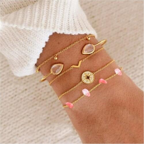 5 Pcs/ Set Fashion Water Drops V Shaped Compass Crystal Beads Chain Pendant Multilayer Bracelet Set Women Charm Bracelet Jewelry