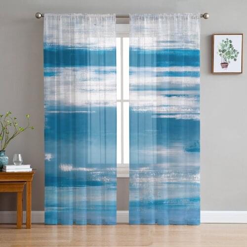 Abstract Blue Grey Texture Sheer Curtains for Living Room Bedroom Tulle Window Drapes for Kitchen Decoration