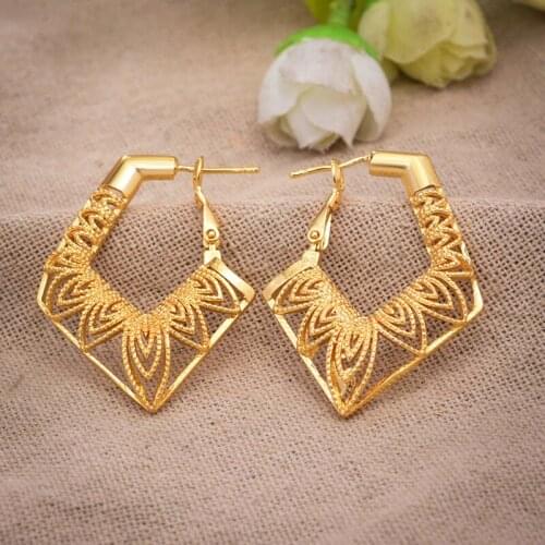 Annayoyo Ethiopian 1Pcs Hollow Flower Dubai Gold Color Earring for Women Girl African Wedding Jewelry Arab Middle East