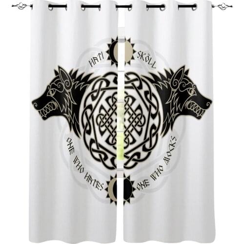 Viking Wolf Form Totem White Window Curtains LivingRoom Kitchen Curtains Left and Right Biparting Open