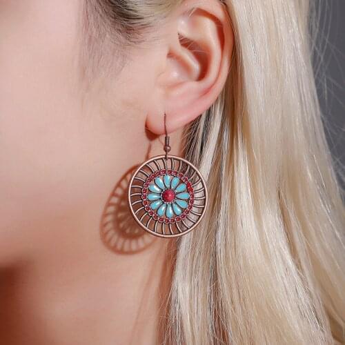 Boho Statement Round Hollow Womens Earrings Ethnic Vintage Flower Hanging Dangle Earring