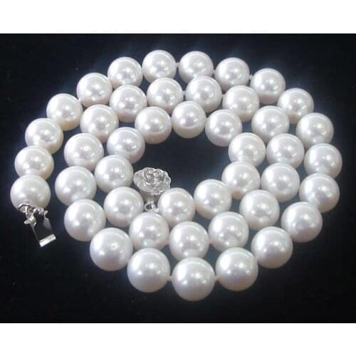 10MM White shell Pearl Beads Flower Clasp Necklace 18" AAA