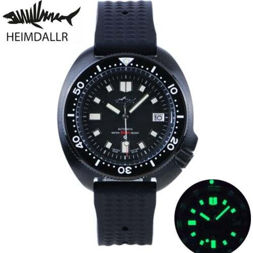 HEIMDALLR Turtle Mens Diver Watch Black PVD Coated Case Sapphire 200M Water Resistance NH35A Luminous Dial Mechanical Watches