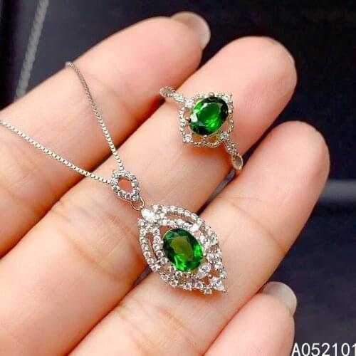 KJJEAXCMY fine Jewelry 925 sterling silver inlaid natural Diopside fashion necklace pendant ring set support test Chinese style