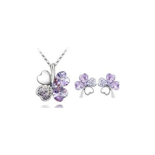 Exquisite water drops Austrian crystal, light purple wedding jewelry set womens 925 sterling silver necklace earrings set gift