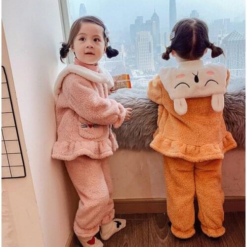 Baby Girl Clothing Sets 2020 Spring New Toddler Girl Cute Plush Thickened Cartoon Coat+plus Trousers Sets Winter New Baby Suits