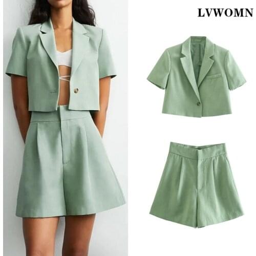 LVWOMN Two-Piece Blazer Women Suits Za 2021 Summer Flax Short Casual Female Blazer Shorts Set Elegant Office Ladies Blazers Set