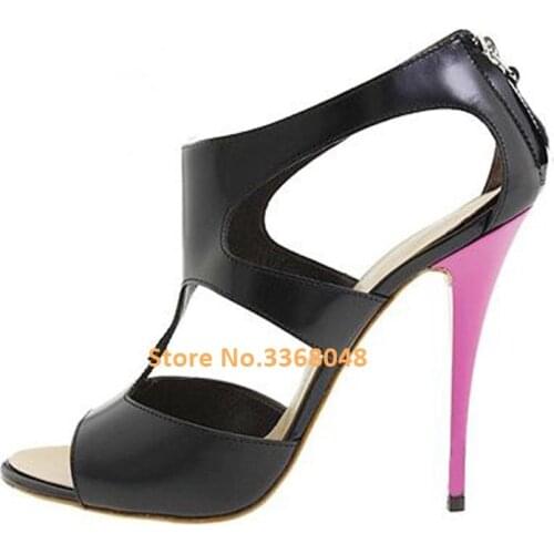 Leather Cut Out Sandals Peep Toe Thin High Heel Zipper Ladies Shoes Open Toe Stiletto High Heel T Strap Runway Ladies Shoes