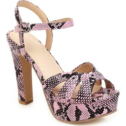 2020 Summer New Sexy Snake Pattern Blocking Hollow Buckle 12cm Super High Heel Thick Heel Fish Mouth Womens Sandals