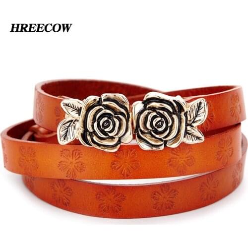 Fashion Genuine leather Thin belt woman Rose Buckle Cow skin belts women Top quality strap female hook belt Dress accessories