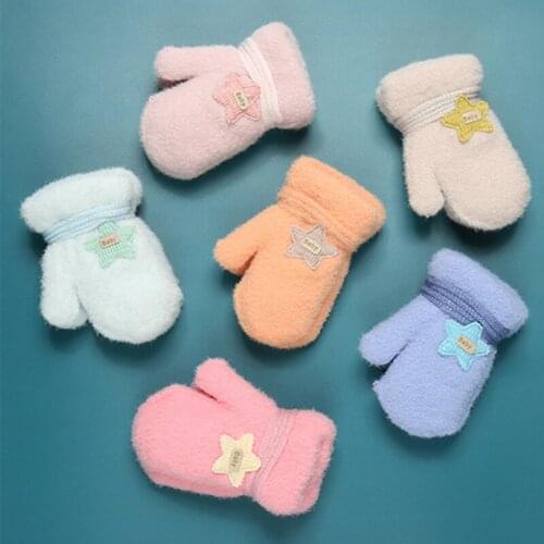 Soft Plush Baby Gloves Winter Warm Girl Boy Mittens with Rope Star Patch Infant Kids Full Finger Gloves Baby Accessories 0-2Y