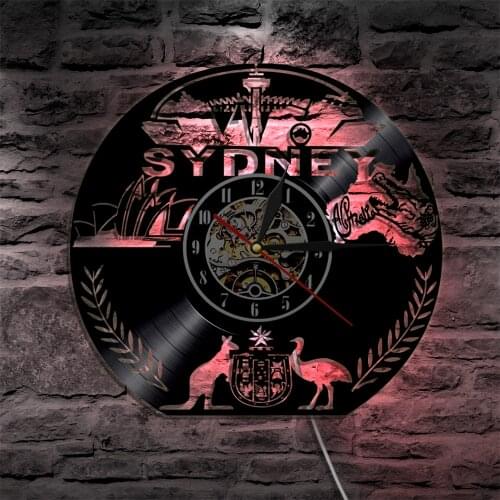 Australia Sydney City LED Wall Light Vinyl Record Wall Clock Modern LED Backlight Crocodile Kangaroo Wall Watch Decor