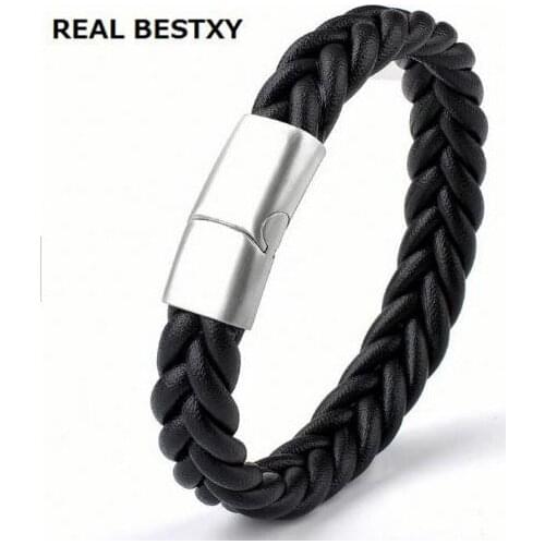 REAL BESTXY 2019 Men Jewelry Punk Black Braided Leather Bracelet Stainless Steel Magnetic Buckle Fashion Bangles