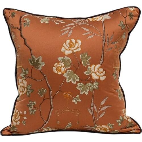 DUNXDECO Cushion Cover Decorative Square Pillow Case Modern Art Chinese Bird Flora Jacquard Tawny Color Sofa Chair Coussin