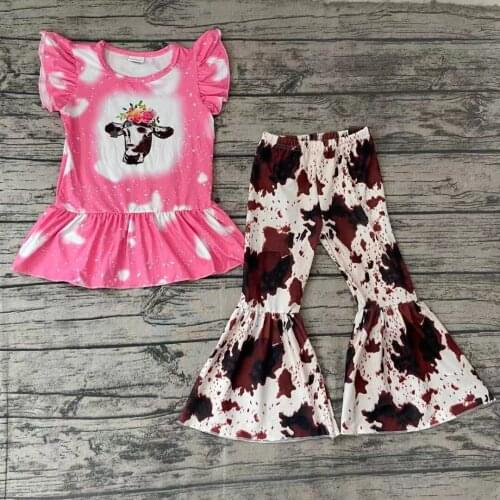 Fall/Autumn Baby Girls Boutique Outfits Heifer and Flower Shirt with Ruffles Milk Cow Pattern Pants