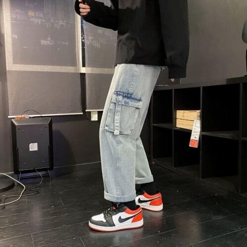 Hiphop Straight Jeans Men Big Pocket Washed Denim Trousers Casual High Street Wide Leg Pants Loose Overalls Thin Streetwear Jean