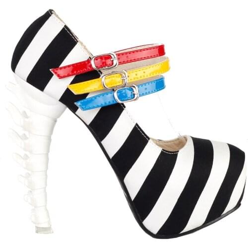 LF80636 Black White Stripe 3 Strap Platform Bone Heel Mary Jane Pump Size 4/5/6/7/8/9/10