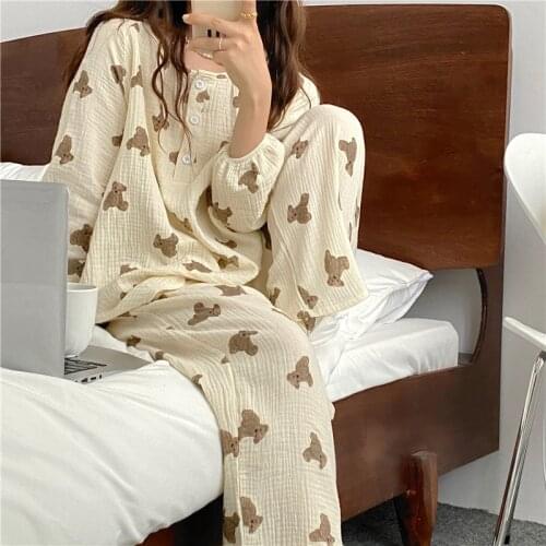 Kawaii Bear Print Spring Pajamas Set Korean O-Neck Shhirts + Trousers Set Two Piece Home Suit Cotton Korean Pockets Home Clothes
