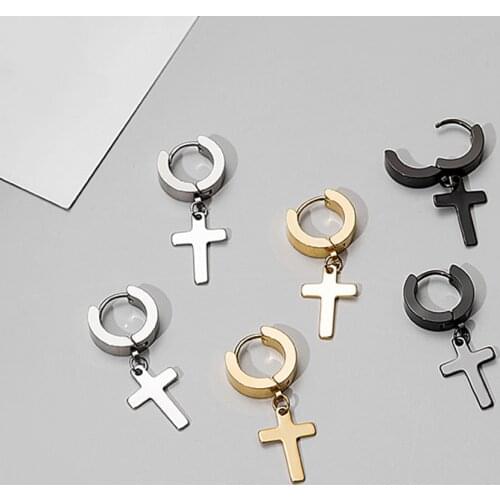 Women Men Stainless Steel Black Jewelry Gothic Punk Gold Silver Color Geometric Cross Drop Earrings Party Gift