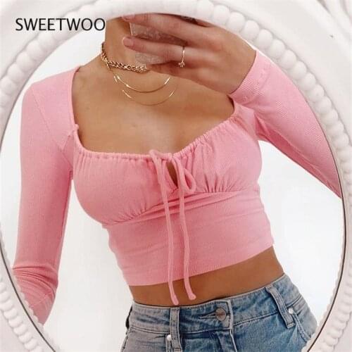 Womens Cropped Shirt Drawstring Top Elastic Party Sweet Bandage Long Sleeve T-Shirt