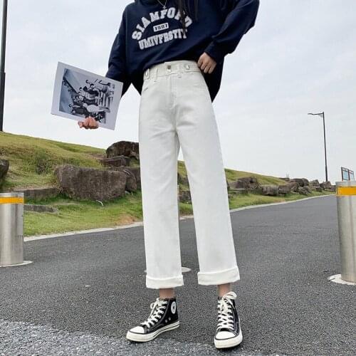 Jeans for women Button Lace Up Straight Loose high waisted jeans plus denim pants beige blue 2021 baggy jeans women