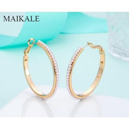 MAIKALE Western Style Simple Gold Circle Earrings Whole Pearl Two Size Hoop Earrings for Women Jewelry Accessories Brincos