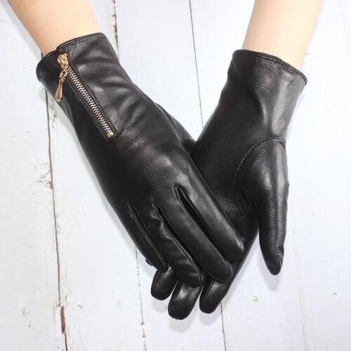 New Ladies Sheepskin Gloves Leather Velvet Lining Fashion Zipper Style Warm Autumn and Winter Gloves