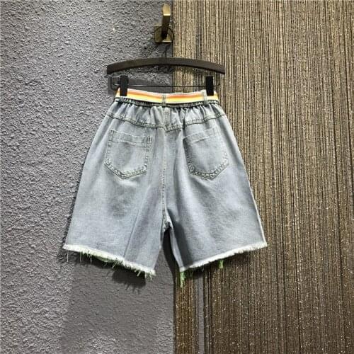 Women Hole Ripped Sequins Denim Shorts Summer Elastic Waist Loose Tassel Straight Knee Length Shorts Vintage Hip Hop Shorts