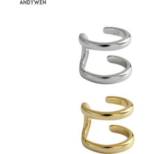 ANDYWEN 925 Sterling Silver Two Circle EarCuff Cuffs Earring Round Rock Punk Non Piercing Clips Fine Women Ear Cuff Jewelry