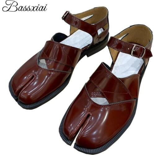 Cross Fretwork Split Toe Casual Shoes Woman Luxury Genuine Leather Ankle Strap Spring Autumn Preppy Style Zapatos Mujer