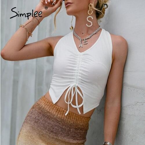 Simplee Sexy party drawstring backless halter camisole women summer top High street v-neck black top streetwear Slim crop top