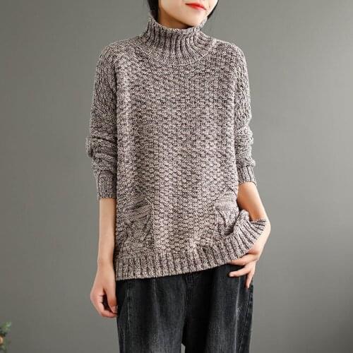 Women Vintage Sweater Half High Collar Long Sleeve Casual Loose Knitwear Ladies Pullover External Wear Tops TT00133