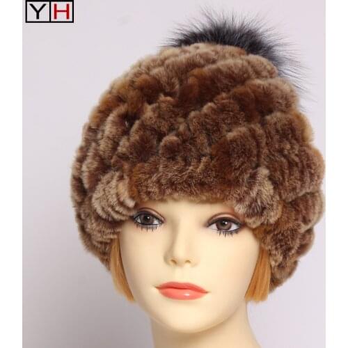 Winter Lady Natural Rex Rabbit Fur Hat Women Warm Soft Genuine Rex Rabbit Fur Cap + Silver Fox Fur Ball Knitted Real Fur Caps
