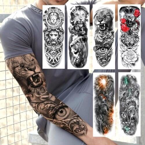 Evil Eeys Ferocious Tiger Long Temporary Tattoos For Men Women Fake Black Lion Wolf Military Rose Full Arm Sleeve Tatoos Sticker
