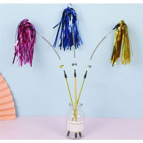 Cat Teaser Toy with Sound Paper Tassels and Bell Spring Coil Teaser Wand Cat Toy Interactive Charmer Sticks For Cats Kitten