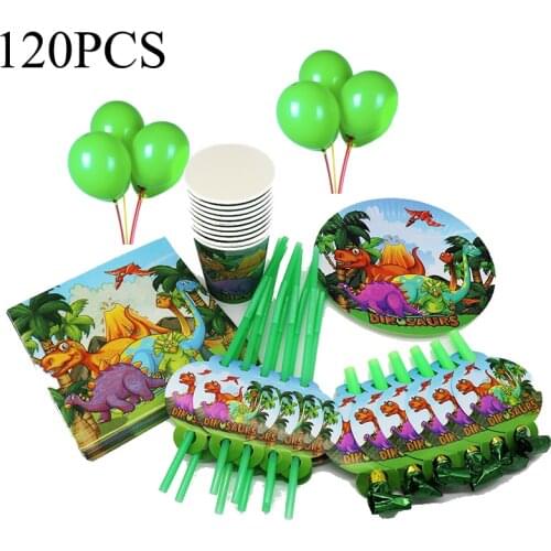 120pcs Dinosaur Birthday Plates Cups Napkins Tablecloths Straws Gift Bags Boy Birthday Party Dinosaur Tableware Supplies
