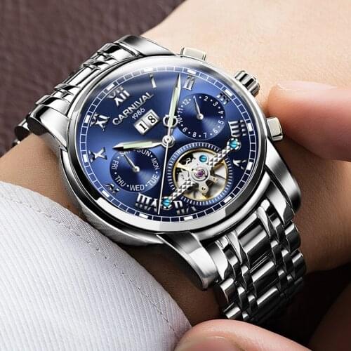 CARNIVAL Luxury High Quality Tourbillon mechanical Mens Watches Business Dress Wristwatch for Man Steel Clock Waterproof Male