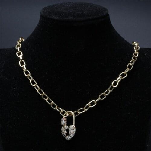 Cz pave big heart lock charm series punk thick snake chain link pendant choker necklaces collar for woman gift for her