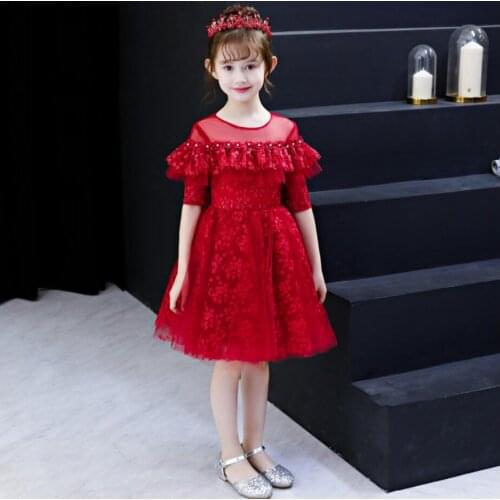 Red Tulle Girls Elegant Wedding Flower Girl Dress Princess Party Pageant Formal Holy Communion Pageant Vestido Summer Clothes