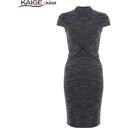 KaigeNina New Fashion Hot Sale Women Clothing Natural Brief Bow Knee-Length Sheath Striped Chiffon Dress 1148 a